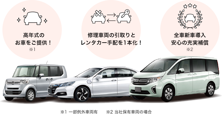 1.高年式のお車をご提供2.修理車両の引取りとレンタカー手配を1本化！3.全車新車導入安心の充実補償！